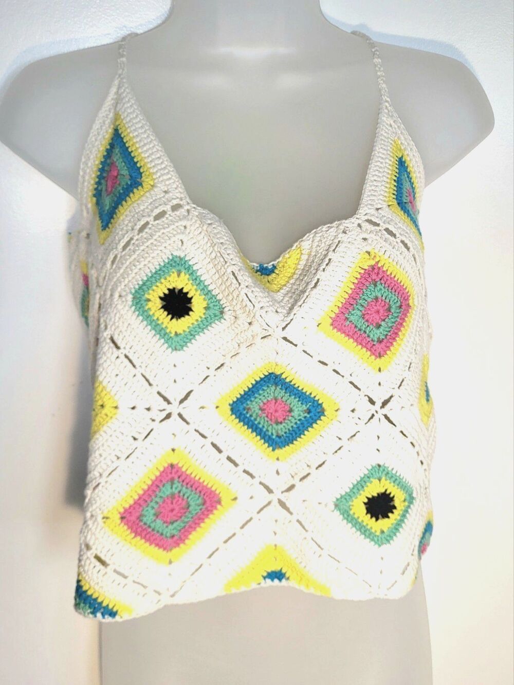 Retro Granny Square Crocheted Boho Crop Top Tank Layering Cami Large